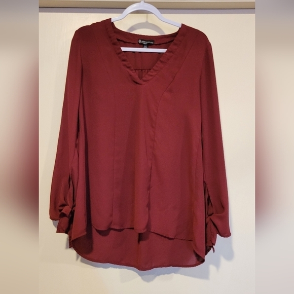 Signature Studio semi sheer maroon long sleeve blouse with ties at end of sleeve - Picture 1 of 5